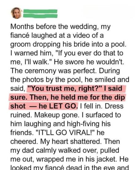 My Groom Playfully Sent Me into the Pool During Our Wedding Photoshoot – My Dad’s Reaction Surprised Everyone